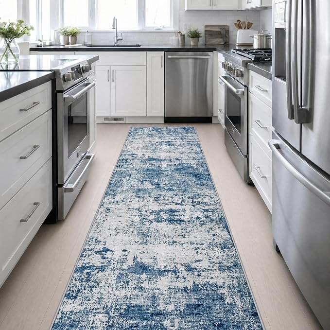 3x14 Washable Runner Rug：Modern Abstract Kitchen Soft Carpet Blue | For Hallway, Bedroom, Kitchen, Laundry, Bathroom,Door Mat,Modern Abstract,Machine washable,Non-Slip,Stain Resistant,Indoor