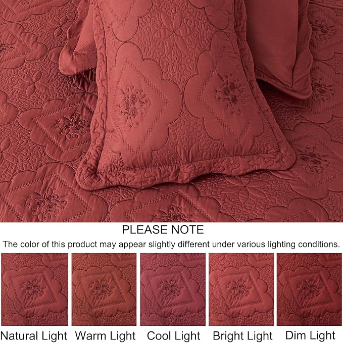 Cmfshape Floral Embroidery Quilt Set,3 Pieces Queen Quilt Bedding Set,Classic Diamond Pattern Quilts,Ultra Soft Lightweight Reversible Bedspread Coverlets for All Season(Burgundy,90"x90")