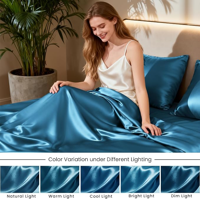 Love's cabin Twin Satin Sheets Sets - 3 Piece Teal Silky Bed Sheets with Deep Pockets, Luxury Silk Feel Satin Twin Size Sheet Set Bedding Set (1 Flat Sheet,1 Fitted Sheet,1 Pillow case)