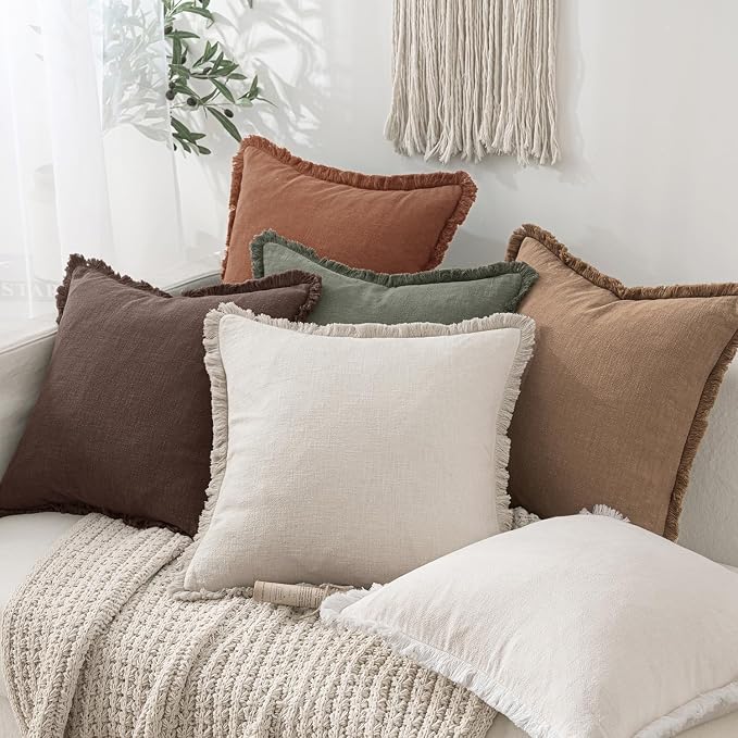 MIULEE Linen Fringe Decorative Fall Euro Pillow Covers Dark Brown 22x22 | Set of 2, Cottagecore Decor, Boho Farmhouse Neutral Throw Pillow Covers, Rustic Fall Couch Cushions for Sofa Bed Living Room