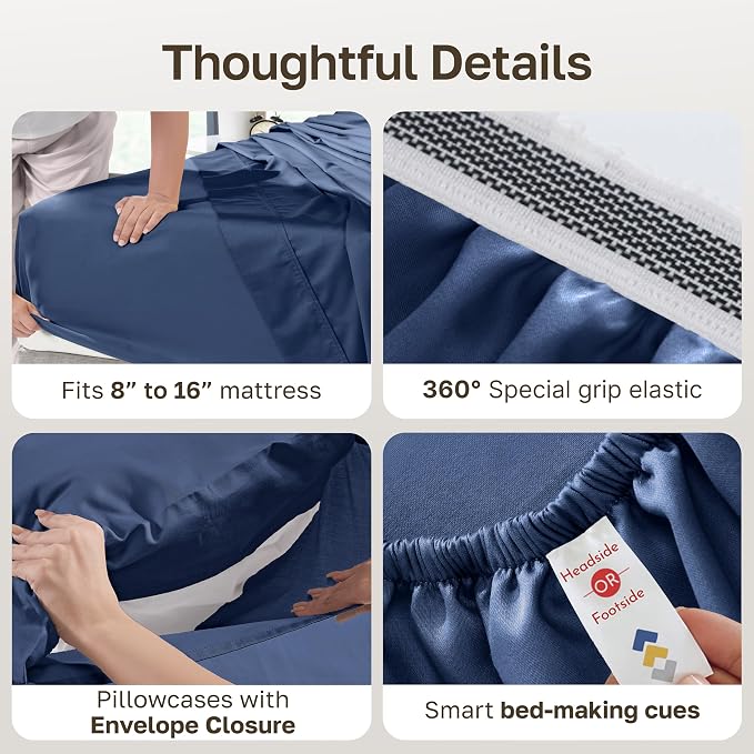 California Design Den 100% Egyptian Cotton King Size Bedsheets, Navy Blue | Backed by Good Housekeeping Seal, Light & Airy Soft Sateen, 16" Deep Pocket, All-Around Elastic, Durable, Easy Care 4pc Set