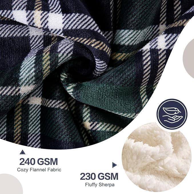 PU MEI Sherpa Fleece Throw Blanket 60" x 80" Reversible Plush Fluffy Large Big Blanket Lattice Flannel Blankets for All Season Use,Dark Green Check