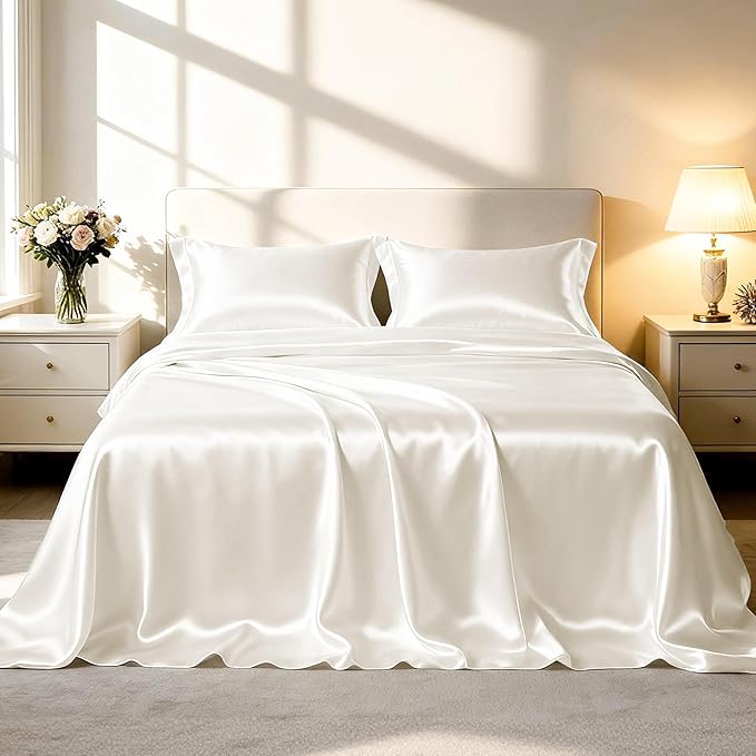 Love's cabin Satin King Sheet Sets - 4 Piece Ivory Silky Sheets King Size Bed Set with Deep Pocket, Luxury Silk Feel King Size Satin Sheet Set (1 Flat Sheet,1 Fitted Sheet,2 Pillow Cases)