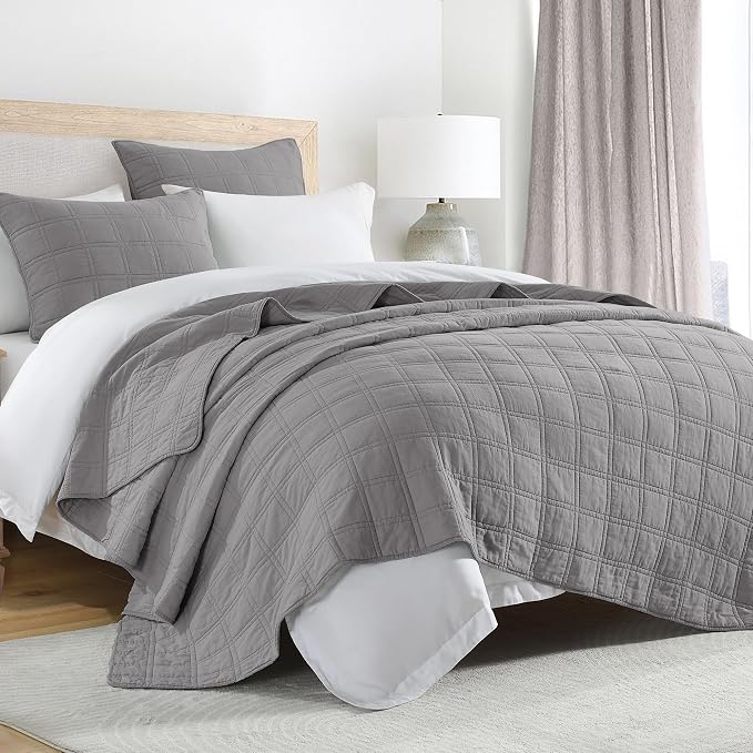HORIMOTE HOME 100% Cotton Quilt Set Twin Size, Grey Pre-Washed Bedspreads Coverlet Set in Geometric Pattern, Cozy Lightweight Stitching Decorative Bedding Cover with 1 Sham for All Season