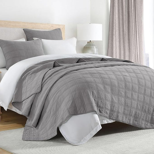 HORIMOTE HOME 100% Cotton Quilt Set Twin Size, Grey Pre-Washed Bedspreads Coverlet Set in Geometric Pattern, Cozy Lightweight Stitching Decorative Bedding Cover with 1 Sham for All Season