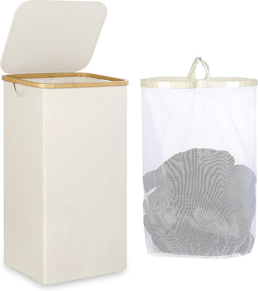 IEGrow Laundry Hamper with Lid,110L Laundry Basket with Mesh Bags,Beige | Dirty Clothes Hamper Basket with Bamboo Handle for Clothes Towels