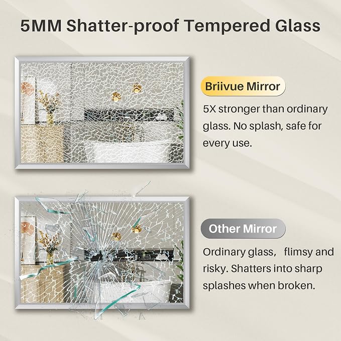 Bathroom Wall Mirror, Silver Brushed Nickel Metal Frame, 24x36 Inch | Anti-rust, HD tempered glass, for bathroom vanity, bedroom, living room, horizontal or vertical mount