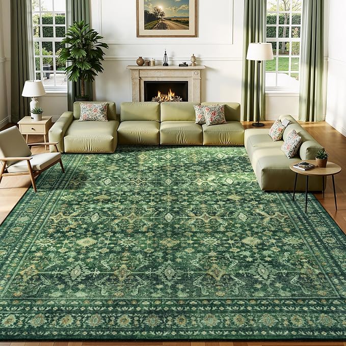5 x 8 Washable Area Rugs for Living Room,Soft Non Slip Carpet Green | Durable Stain Resistant,Kid Pet Friendly,Compatible with All Vacuums,0.25inch Low Pile for Bedroom Dining Room Home Office
