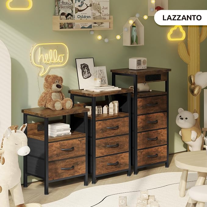 Lazzanto Night Stand with Charger Station, 3 Fabric Drawers, Brown | Nightstand, Bedside Table, Open Shelf, Built in USB-A, USB-C Port & AC Outlets, For Bedroom, Dorm, Living Room