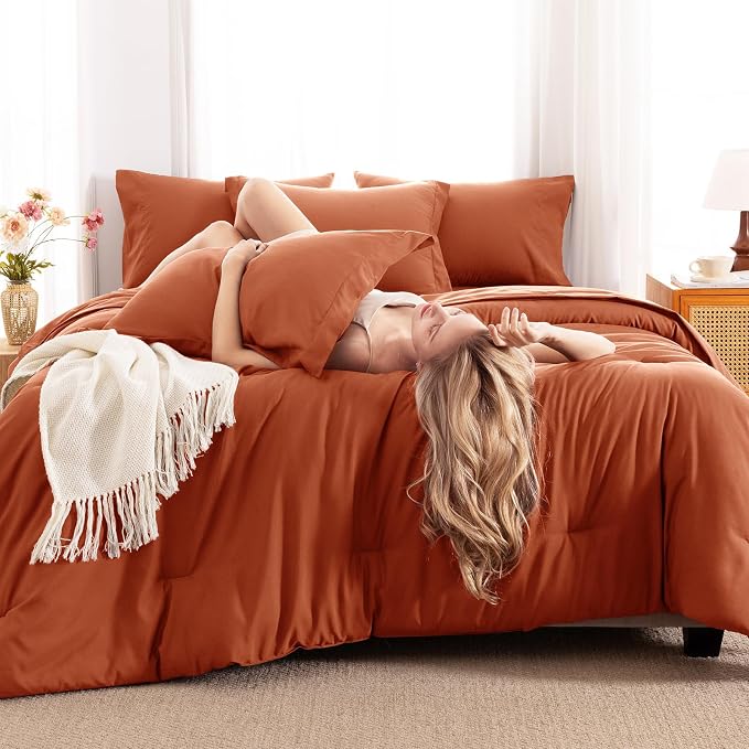California King Comforter Set Terracotta, 7 Pieces Bed in a Bag | OEKO-TEX Certified, All-Season, Bedroom, 240GSM Down Alternative Comforter, Flat & Fitted Sheets, 2 Pillowcases & 2 Shams