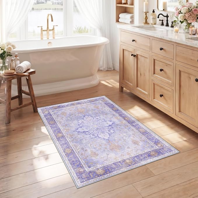 RELEANY Washable Area Rug, Small 2'6"x4', Purple | Non-Slip, Water Repellent, Pet Friendly, Easy to Clean, Vintage Floral Boho Decor for Kitchen Entryway Bathroom