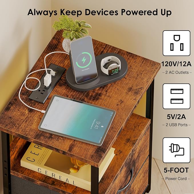 Fixwal Night Stand with Charging Station, Led Nightstand, 2 Fabric Drawers | rustic brown, built-in bedside charger, 2 AC outlets & 2 USB ports, open top shelf, small bedroom furniture, end table