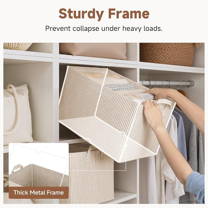StorageWorks Storage Bins, Fabric Storage Bins for Shelves, Extra Large Storage Baskets with Metal Frame, Closet Baskets and Bins with Handles, Jumbo, Khaki and Beige Stripes, 2-Pack | Extra Large, With Reinforced Handles, Metal Frame, Collapsible, Bas...