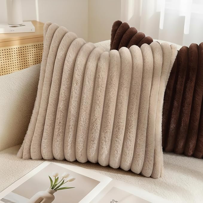 decorUhome Fall Faux Fur Throw Pillow Covers 26x26 Set of 2 Dark Brown | Decorative Soft Cozy Striped Plush Modern Farmhouse Boho Couch Pillow Cases Velvet Back for Sofa Bed Living Room Home Decor