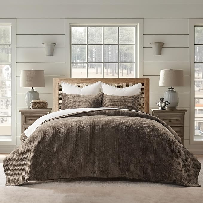 EverGrace Striped Channel Velvet Quilt Set, Queen Size, Mushroom Brown | Luxurious Soft Lightweight Velvet Comforter, Oversized Bedspread Coverlet, Quilted Bedding Set for All Season, with 2 Shams
