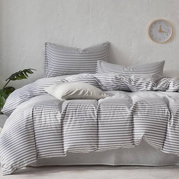 JELLYMONI 100% Cotton Printed Striped Full Duvet Cover Set, Grey | Breathable and Soft, Classic Stripes, 8 Corner Ties & Double-Head Hidden Zipper, For Guest or Teen Room