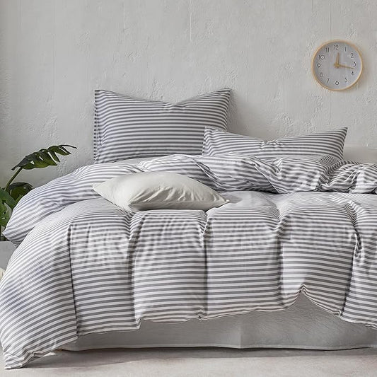 JELLYMONI 100% Cotton Printed Striped Full Duvet Cover Set, Grey | Breathable and Soft, Classic Stripes, 8 Corner Ties & Double-Head Hidden Zipper, For Guest or Teen Room