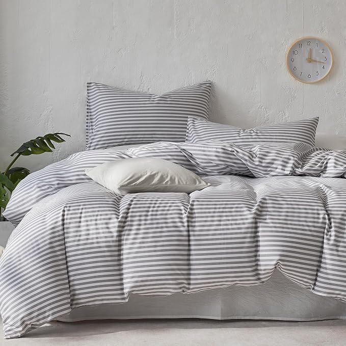 JELLYMONI 100% Cotton Printed Striped Cal King Duvet Cover Set, Grey | Breathable and Soft, Classic Stripes, 8 Corner Ties & Double-Head Hidden Zipper, For Master or Guest Bedroom