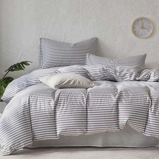 JELLYMONI 100% Cotton Printed Striped Cal King Duvet Cover Set, Grey | Breathable and Soft, Classic Stripes, 8 Corner Ties & Double-Head Hidden Zipper, For Master or Guest Bedroom