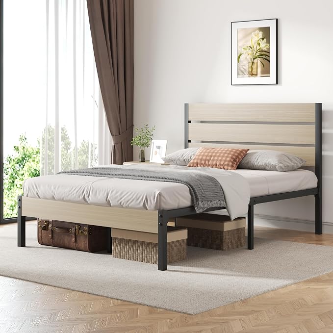 Fluest Full Bed Frame with Headboard and Footboard, with Under Bed Storage, All-Metal Support System, No Box Spring Needed, Easy Assembly, Beige