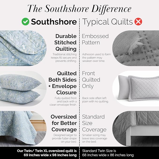 Southshore Fine Living, Inc. Twin XL Quilt Set, Dorm Bedding Essentials, Stain Resistant, Machine Washable Paisley Boho Bed Spread, Twin XL Quilt Bedspread Set w/Pillow Sham, Blue Paisley Bedding