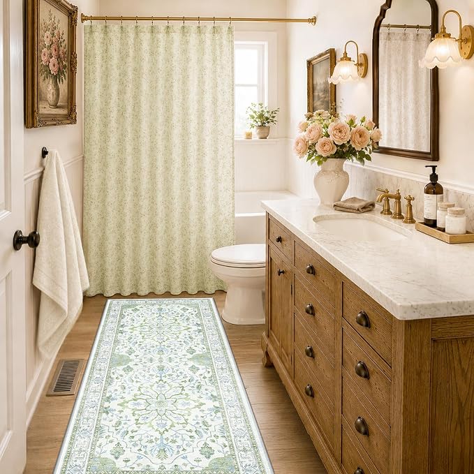 RELEANY Washable Area Rug, Runner 2'x6', Green/White/Blue | Non-Slip, Water Repellent, Pet Friendly, Easy to Clean, Vintage Floral Boho Decor for Kitchen Entry Bedroom Bedside Laundry