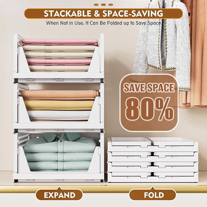 8 Pack Closet Organizers and Storage, Stackable & Foldable Closet Bins | Closet Storage Basket for Bathroom, Kitchen, Laundry Room, Drawer Shelf & Wardrobe Storage, Space-Saving Design, White