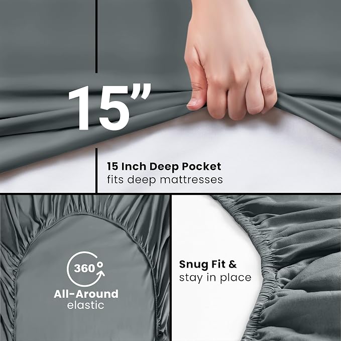Twin XL Fitted Sheet, Ultra Soft Fits Up to 16 Inch Deep Pocket, Grey | Hotel Comfort, Cooling & Breathable Cotton like Polyester, Easy Fit, Wrinkle & Fade Resistant, Snug Fit, Easy Care, Oeko-Tex