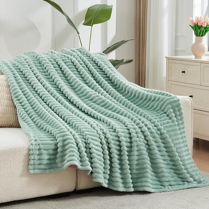 NEWCOSPLAY Fleece Ribbed Cozy Queen Blanket for Couch, Mint Green, 90"x90" | Premium Silky Flannel Blanket, Soft Lightweight Fluffy Throw Blanket for Bed Sofa Decor, Gift for All Season Use
