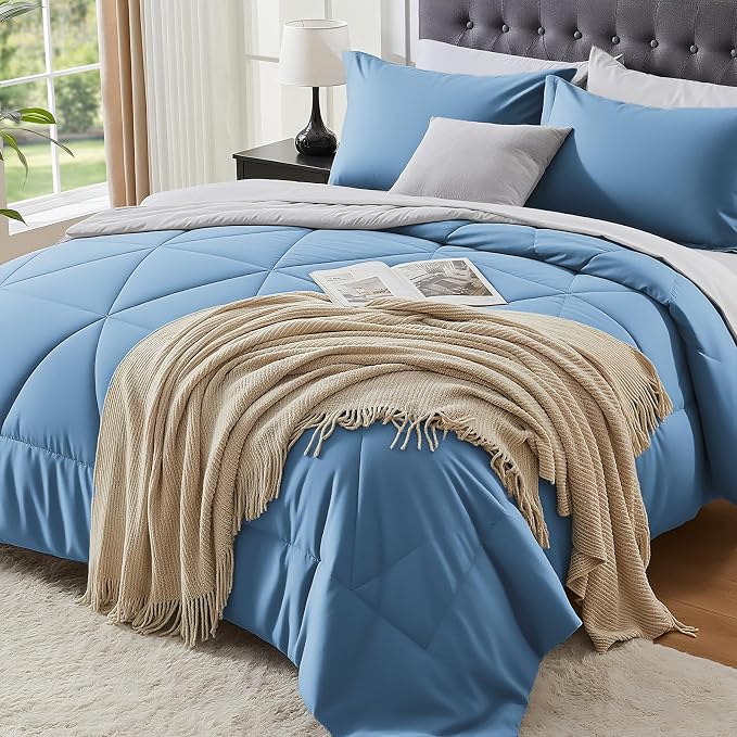 BEDELITE Twin Comforter Set 5 Pieces, Reversible Blue Bed in A Bag | Soft All Season Down-Alternative Comforter, Sheets, Pillowcases & Shams, OEKO-TEX Certified Bedding for Bedrrom, Guest Room