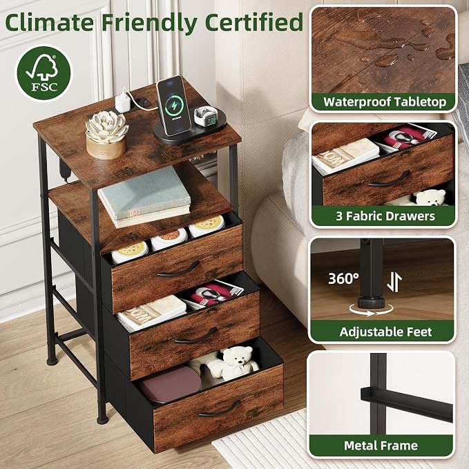 Somdot Nightstands Set of 2 with 3 Drawers, Charging Station & LED Light | Open-Shelf End Tables for Bedside, Small Spaces, Bedroom, Entryway and Hallway, Brown