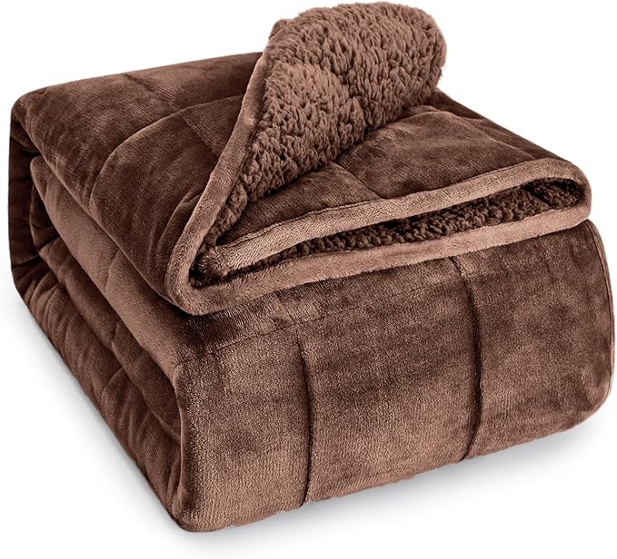 Sherpa Fleece Weighted Blanket for Adult 15 lbs Queen 60"x80" Brown | Boost Sleep Quality, Relax Body & Mind, Dual Sided Cozy Fluffy Heavy Blanket, Plush Flannel Top, Chunky Fluffy, Warm Hug
