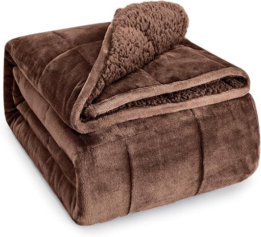 Sherpa Fleece Weighted Blanket for Adult 15 lbs Queen 60"x80" Brown | Boost Sleep Quality, Relax Body & Mind, Dual Sided Cozy Fluffy Heavy Blanket, Plush Flannel Top, Chunky Fluffy, Warm Hug