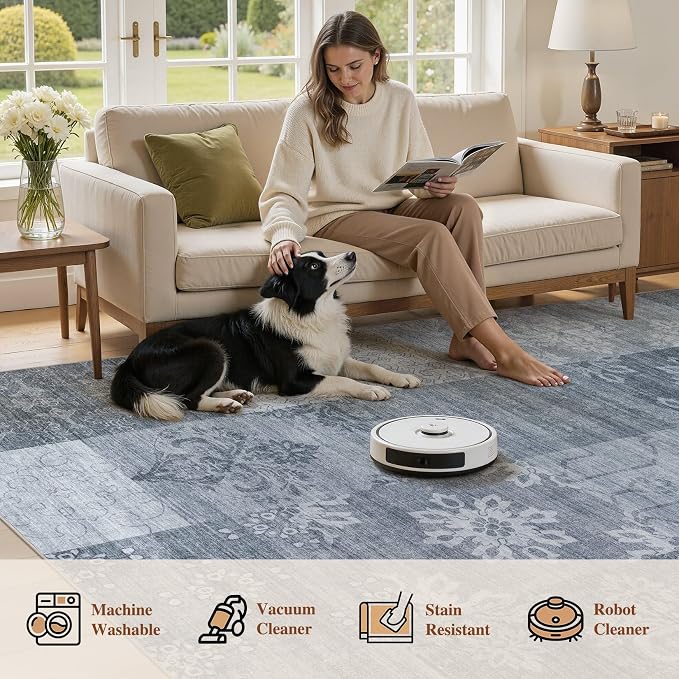 UERMEI 5x7 Area Rug for Living Room - Washable Vintage Carpet, Non-Slip Soft Large Indoor Floor Rugs for Bedroom Home Office & Under Dining Table Decor, Blue Block