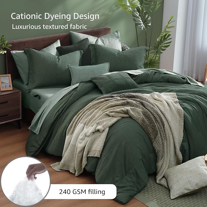 Monbix Super King Comforter Set Deep Forest 7 Pieces Bed in a Bag | Cationic Dyeing Reversible All Season Bedding Sets with Comforter, Sheets, Pillowcases & Shams