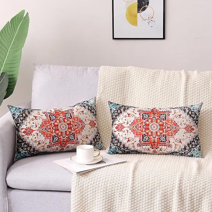 Outdoor Waterproof Pillow Covers - 12 x 20 Inch Set of 2, Orange Bohemian Vintage Carpet Pattern, Ethnic Design Decorative Farmhouse for Couch, Garden, Balcony