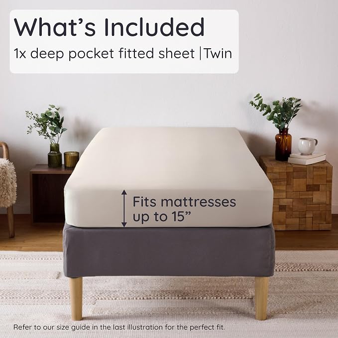 Bambaw 100% Viscose Derived from Bamboo Fitted Sheet Twin Size, Cooling Fitted Sheet Twin Size, 15’’ Deep Pocket, Breathable & Soft Sheets (Sand)