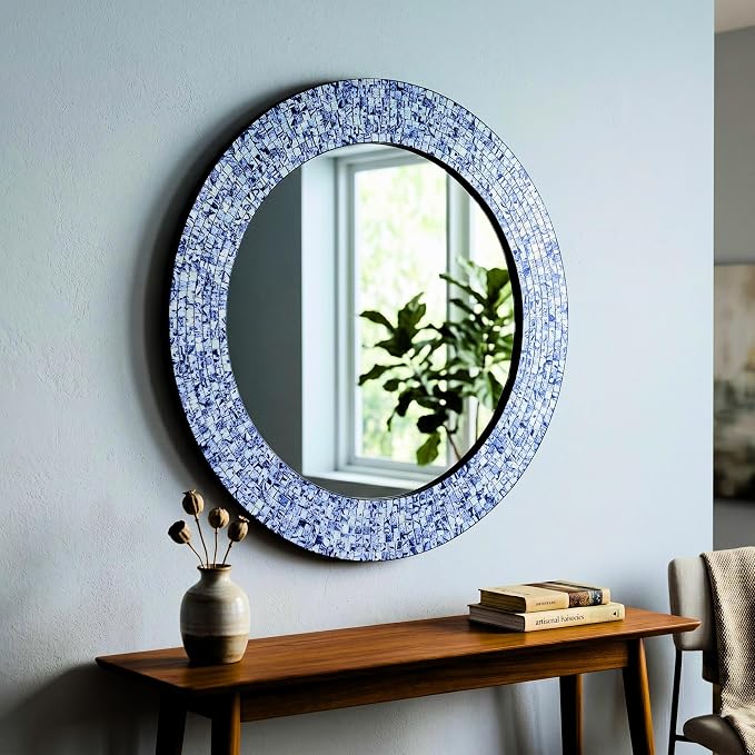 24" Round Mosaic Wall Mirror Sapphire Blue & Silver Glass Tile Frame Handmade Decorative Accent Mirror for Living Room Bathroom Bedroom Entryway Boho Modern Wall Decor