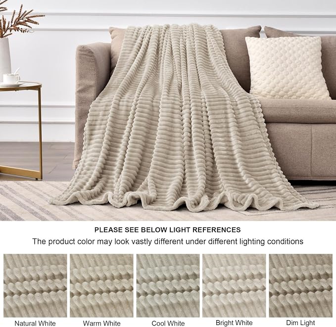 BEDELITE 3D Ribbed Jacquard Linen Fleece Twin Blanket for Couch, 60x80 Inch | Soft Warm Fluffy Blanket for Bed Sofa College Dorm Room Decor, Luxury Cozy Plush Birthday Gifts for Women Girls, Lightweight