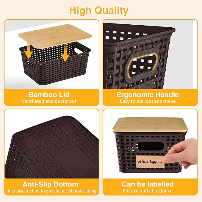 6 Pack Plastic Storage Baskets,Brown bamboo lid storage Box | Labels, Stackable, For Organizing Shelves Pantry Drawers Desktop Closets Organizing Desktop Closet Playroom Classroom