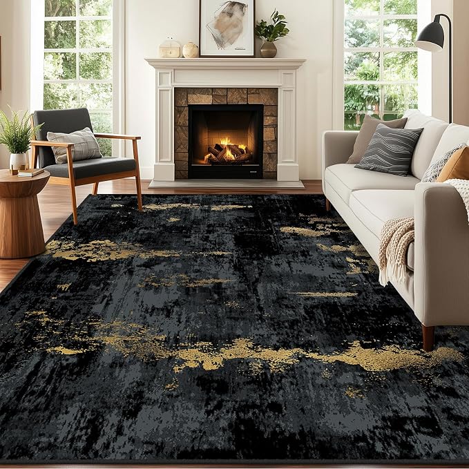 RELEANY Washable 9'x12' Abstract Area Rug for Living Room Black Gold | Carpet for Bedroom, Kitchen, Office, Hallway and Entryway, Printed Pattern, Non‑Slip, Soft, Stain‑Resistant, Easy to Clean