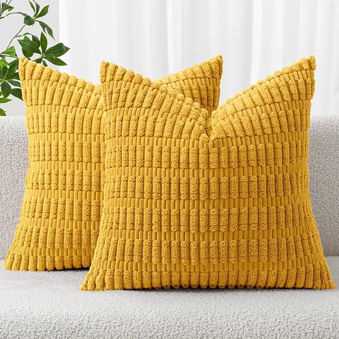 MIULEE Decorative Throw Pillow Covers 20x20 Mustard Yellow Pack of 2 | Soft Corduroy Boho Striped Pillow Covers Modern Farmhouse Home Decor For Sofa Living Room Couch Bed