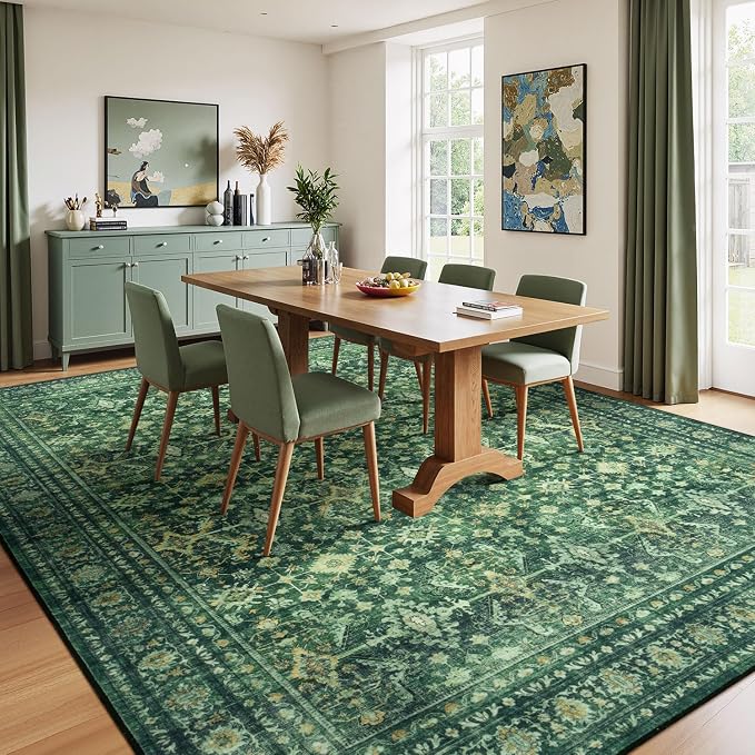 5 x 8 Washable Area Rugs for Living Room,Soft Non Slip Carpet Green | Durable Stain Resistant,Kid Pet Friendly,Compatible with All Vacuums,0.25inch Low Pile for Bedroom Dining Room Home Office