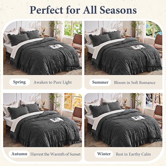 JOLLYVOGUE Black Twin/Twin XL Comforter Set, 2 Pieces Seersucker Lightweight Fluffy Bedding Set, Twin Ruffle Comforter, All Season Soft Microfiber Shabby Chic Bed Set