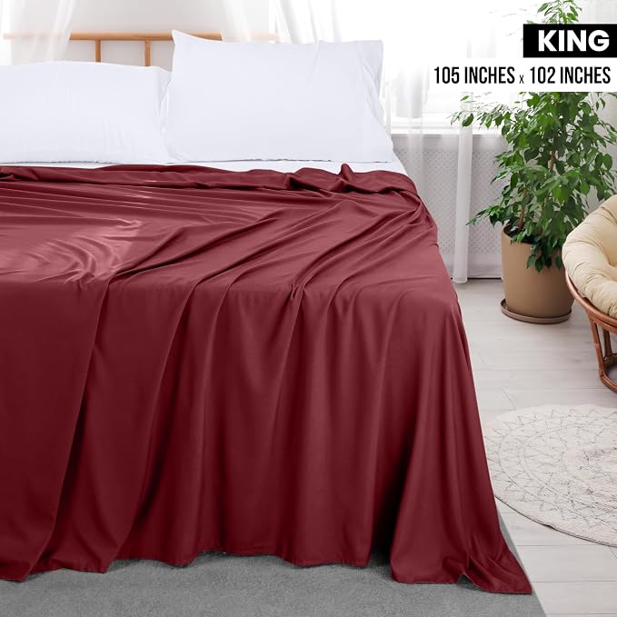 King Size Flat Sheet Only, Ultra Soft & Breathable Hotel Sheets, Burgundy | Hotel Bedding, Cooling Comfort, Smooth Feel, Wrinkle & Fade Resistant, Easy Care, Long-Lasting, Machine Washable, OEKO-TEX