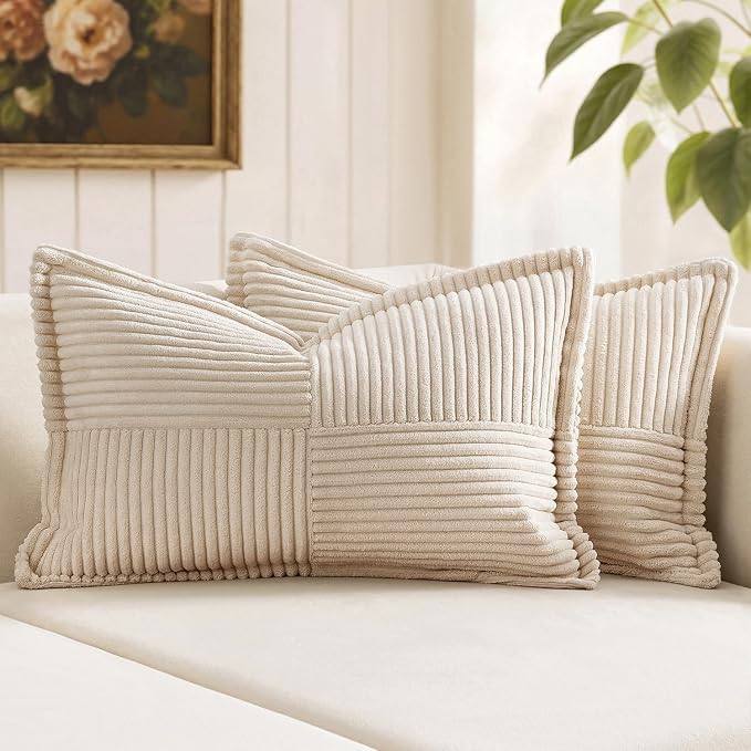 MIULEE Decorative Lumbar Throw Pillow Covers 14x24 Inch Beige 2 Pack | Boho Broadside Striped Patchwork Pillow Covers, Soft Corduroy Cushion Cases, For Couch Sofa Bed Livingroom Home Decor