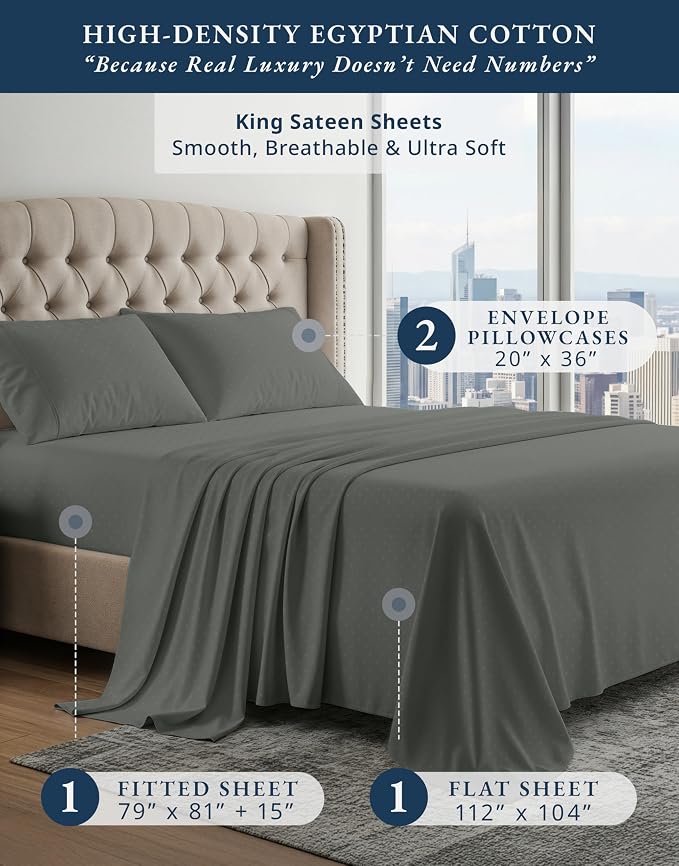 LANE LINEN Rest Sheets Cooling Set King Egyptian Cotton Sateen - Dark Grey | 100% Cotton King Size Sheets - 4-Piece Set, For Guests And Everyday Use, For A Silky Hotel-Style Bed, Luxe Sheen