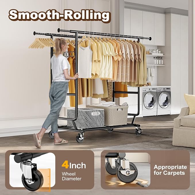 HOKEEPER Clothes Rack Load 650 LBS Collapsible Clothing Rack Double Rod | Black 22"D*75"W*68"H, Adjustable Heavy Duty Garment Rack for Hanging Clothes Rolling Commercial Closet Rack with Shelves