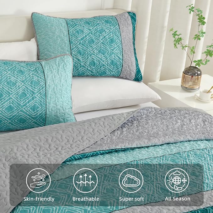 Cottolester Teal Quilt Set King Size,3 Pieces Blue Striped Plaid Bedspread | Soft Summer Lightweight Coverlets Set，Microfiber Patchwork Quilt Bedding Sets for All Seasons 110"x90"