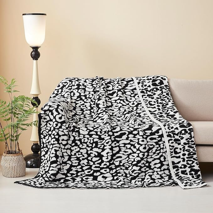MH MYLUNE HOME Ultra Soft Leopard Throw Blanket, Black White, 71"x78" | Reversible Fleece Throw Blanket, Comfy Fluffy Fuzzy Plush Blanket Throws for Couch Sofa Bed, Cozy Blankets for Women Gift